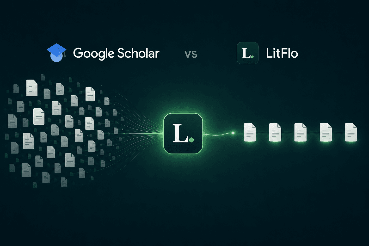 Abstract schematic illustration contrasting chaotic document search on the left with a clean, ordered stream of selected papers on the right, on a deep teal-to-navy gradient background